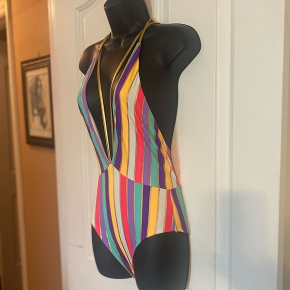“FEATHER II” Rainbow Stripes & Gold Straps Bathing Suit - Picture 5 of 11